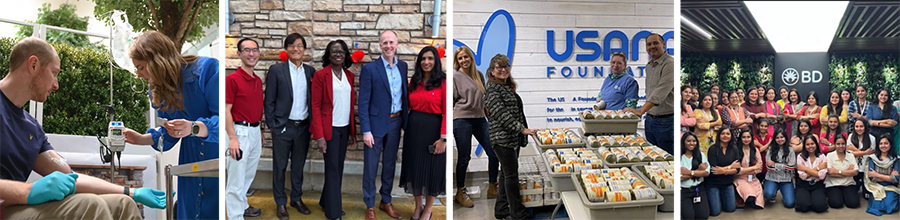 A collage of four scenes: (1) A person receives an injection or blood draw from a healthcare professional in a product demonstration; (2) Five people in red, white and blue business attire stand together for a photo; (3) Individuals organize trays of donated food; (4) A large group poses for a photo in front of a wall with the “BD” logo and greenery.