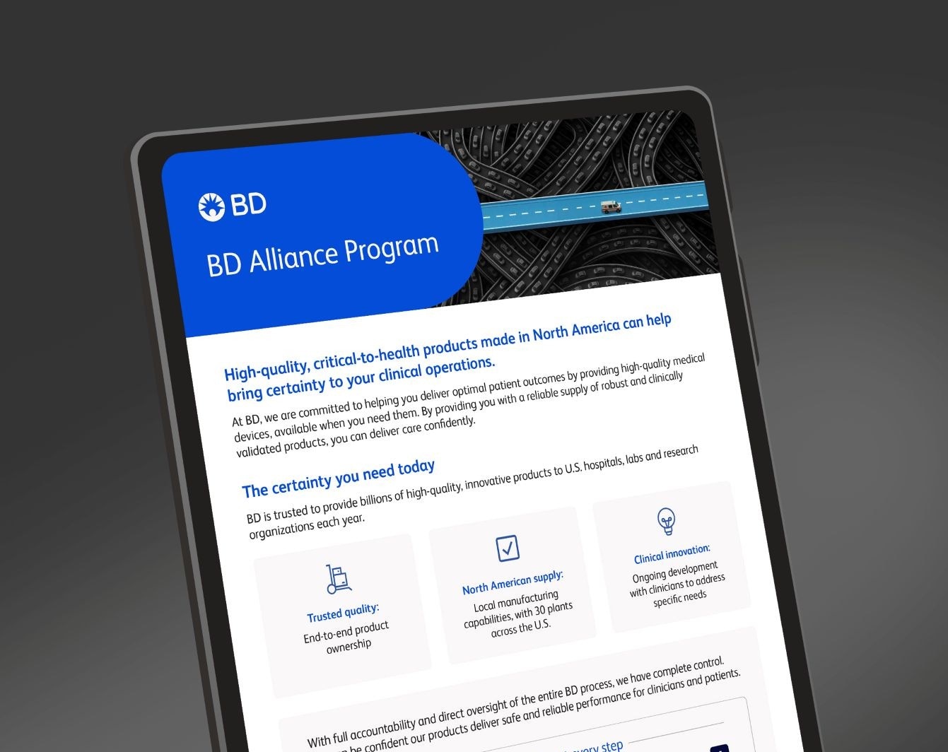 Tablet shows page summarizing details about the BD Alliance Program.