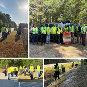 Volunteers cleaning roadside in safety vests