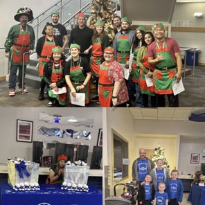 Holiday volunteer event with festive costumes