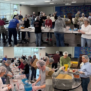 Volunteers assembling food packages in community center