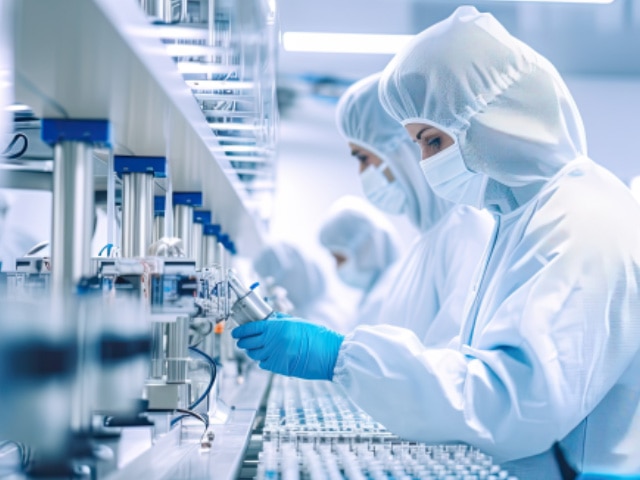 People in protective gear in lab examining specimens