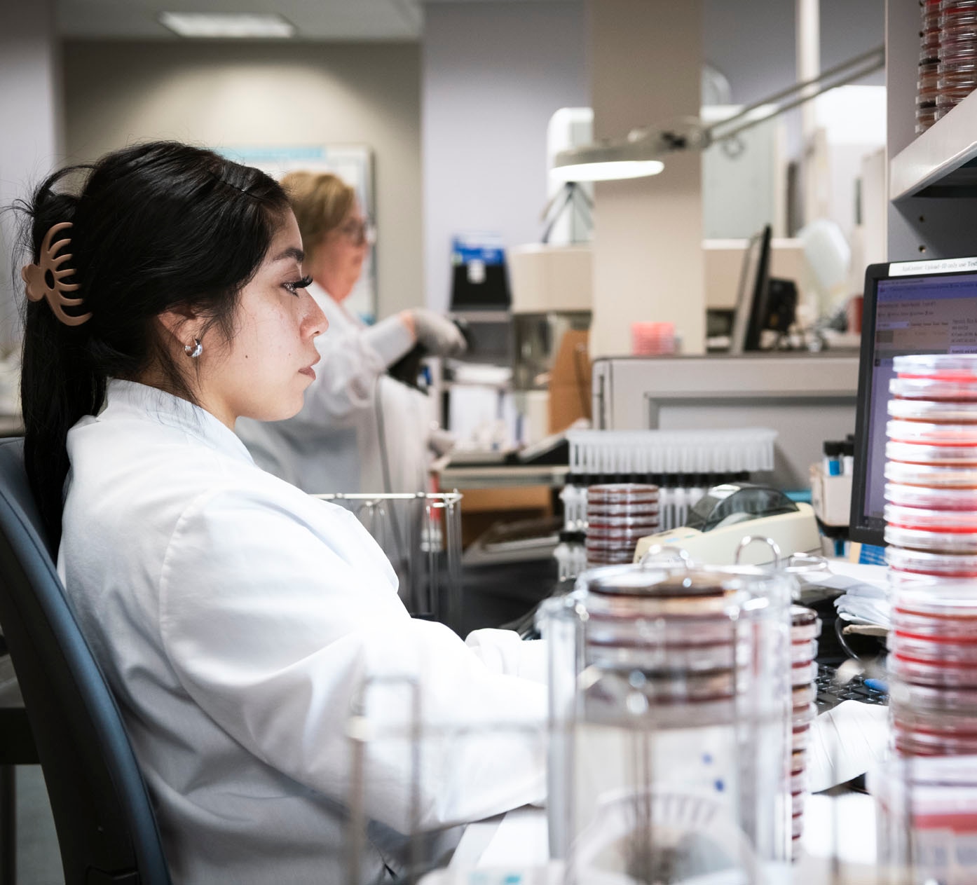 Lab worker sits at a computer surrounded by stacks of plated lab media.