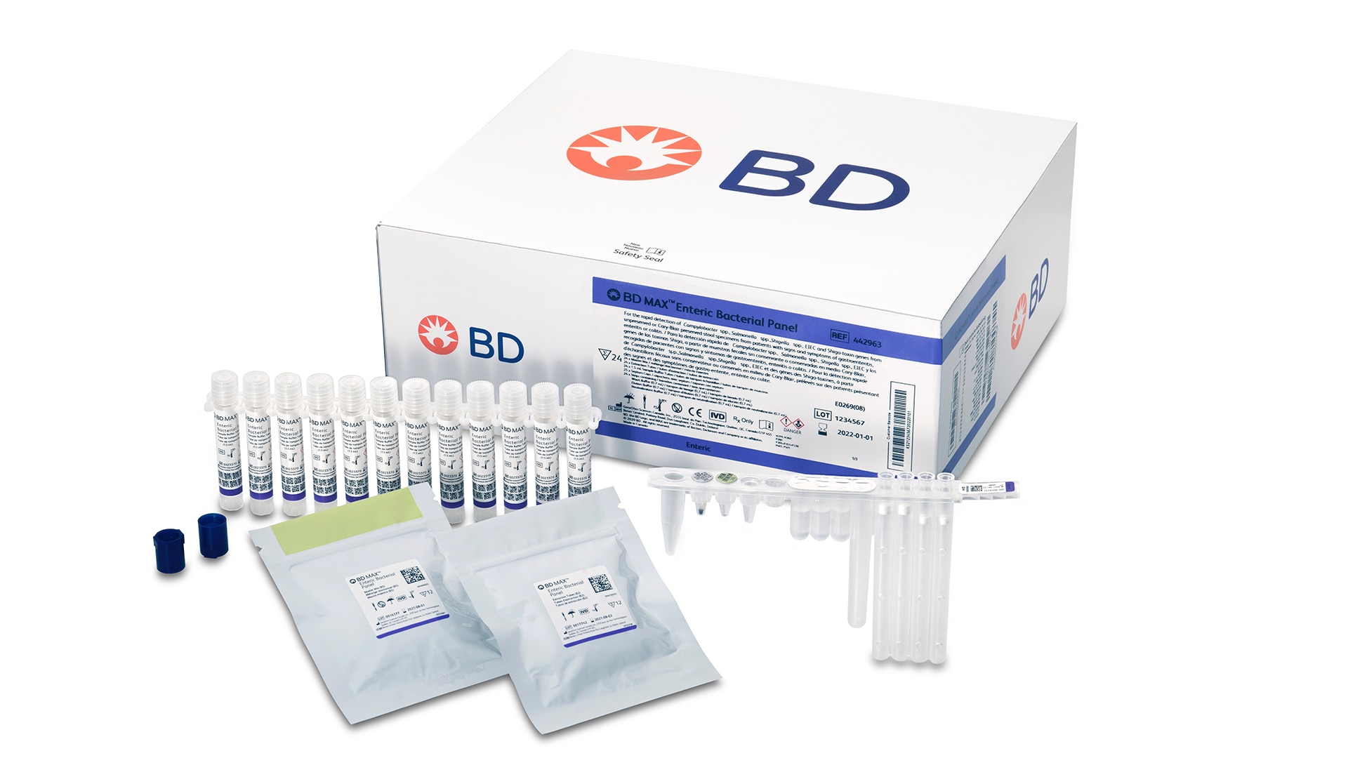 <h3>BD MAX™ Enteric Bacterial Panel</h3>
<ul>
<li><i>Salmonella</i> spp.</li>
<li><i>Campylobacter</i> spp. (<i>jejuni</i> and <i>coli</i>)</li>
<li><i>Shigella</i> spp. / Enteroinvasive E. coli (EIEC)</li>
<li>Shiga toxin 1 (<i>stx1</i>) / Shiga toxin 2 (<i>stx2</i>) genes (found in Shiga toxin-producing</li>
<li>E. coli [STEC]) as well as <i>Shigella dysenteriae</i>, which can possess a Shiga toxin gene (stx) that is identical to the stx1 gene of STEC</li>
</ul>
