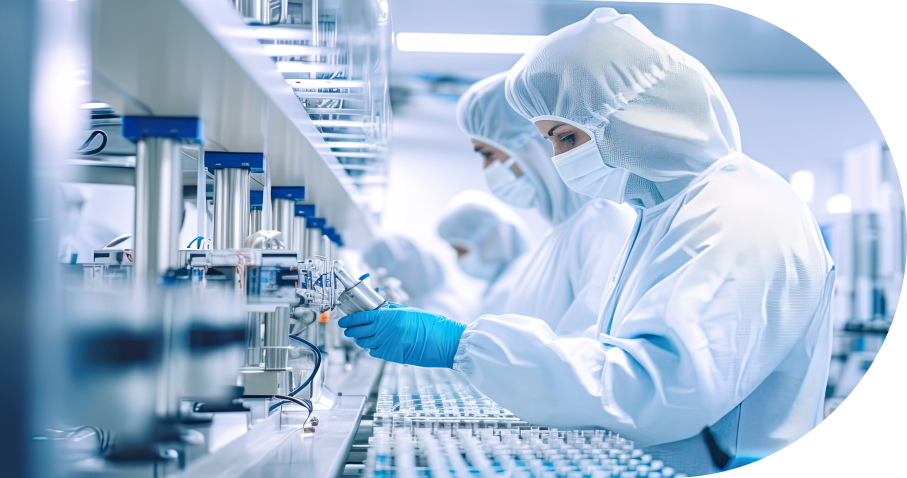 Scientists in sterile lab environment