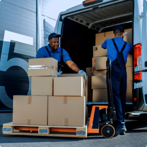 Delivery workers loading boxes into van