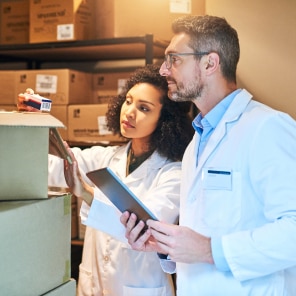 Warehouse staff in lab coats checking inventory boxes
