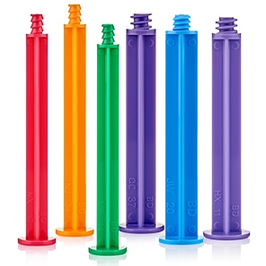 Colorful plastic mixing nozzles in upright arrangement