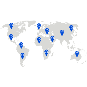 World map with blue location markers overlay