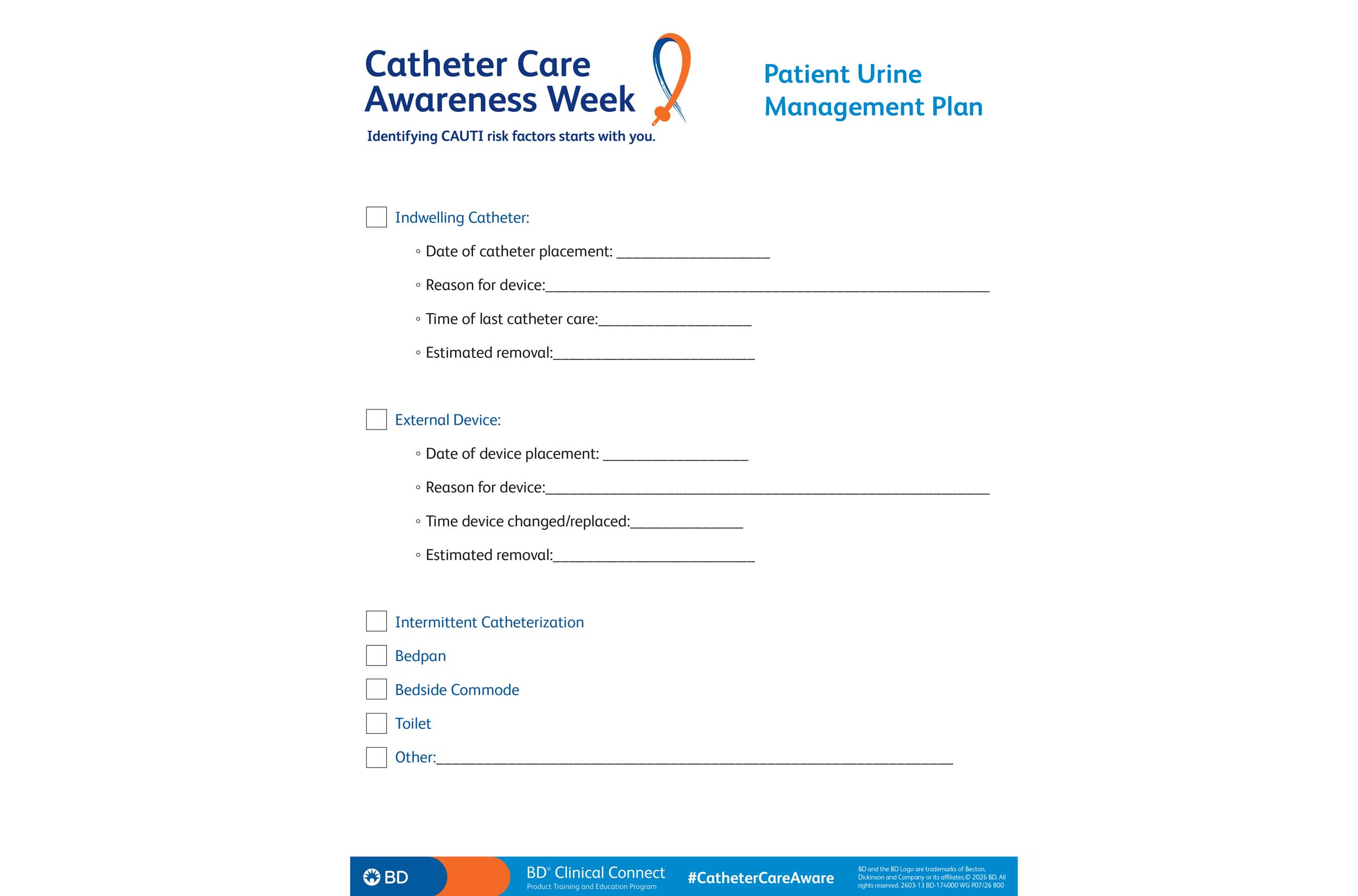BD Catheter Care Awareness Patient Urine Management Plan